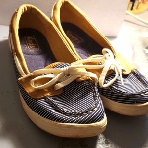 Blue white and tan Keds shoes
